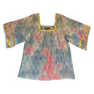 Anthropologie RD+ Koko Top Blouse Metallic Gold Blue Oversized SMALL NWT Aztec